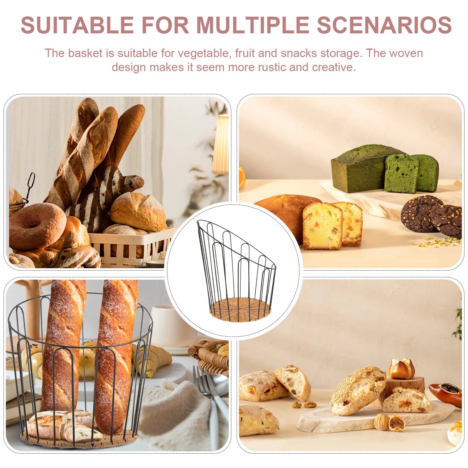Premium Woven Bread Basket with Iron Frame and PP Material Rustic Storage Basket for Kitchen Counter Serving Fruits Vegetables