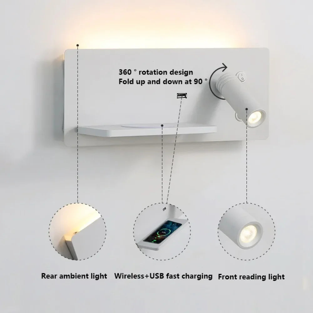 Multi functional wall lamp with switch, USB interface, LED mobile phone wireless charger, reading wall lamp, bedroom night light