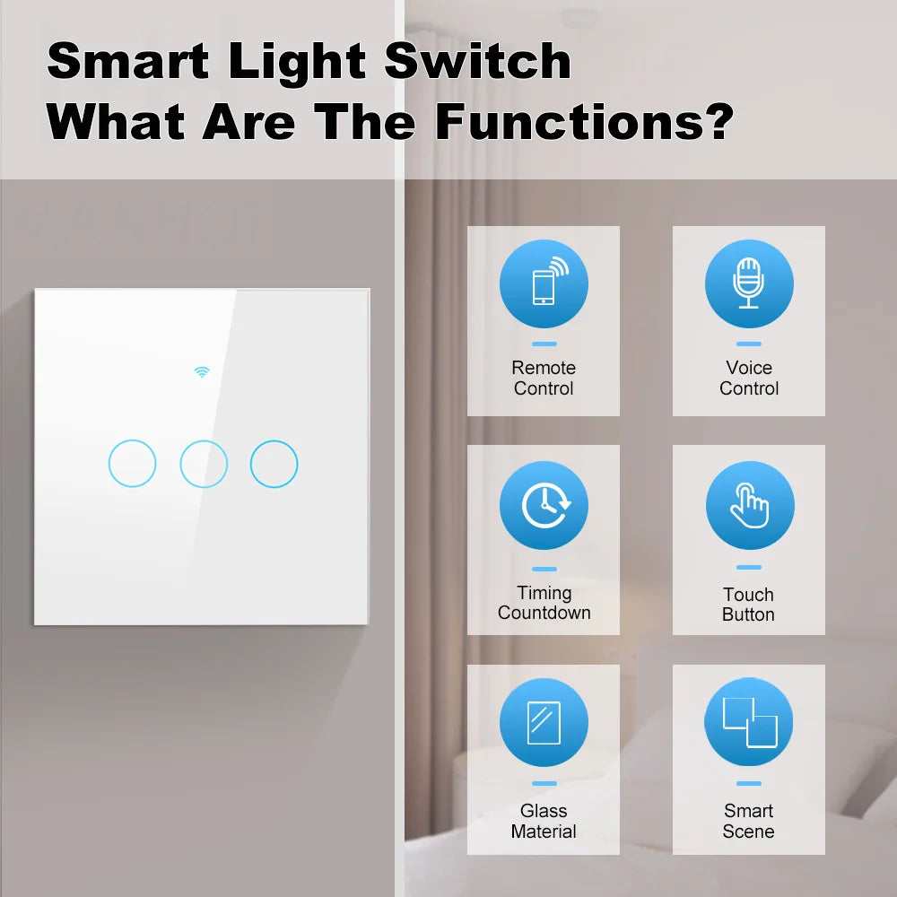 Smart EU Touch Sensor Switch Switches LED Crystal Glass Panel Wall Lamp Light Switch 1/2/3/4Gang No Neutral Wire APP Control