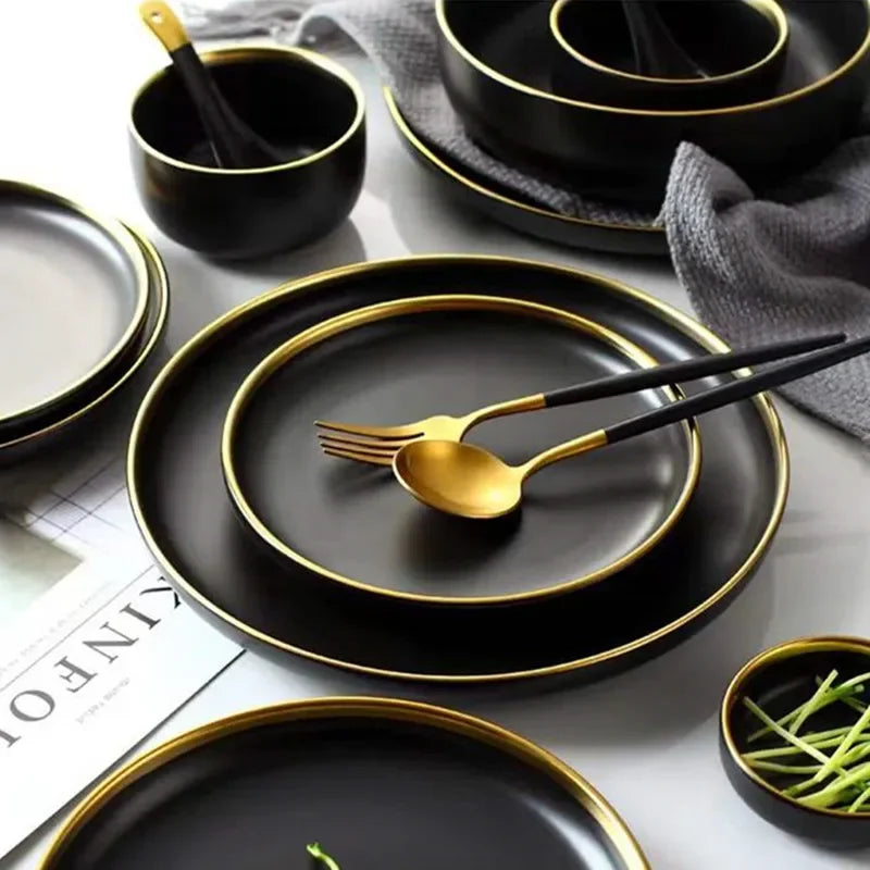 For1/ 4/6/8 Personal Black Porcelain Dinner Plates Set Ceramic Tableware Food Dishes Rice Salad Noodles Bowl Wiht Cutlery Set