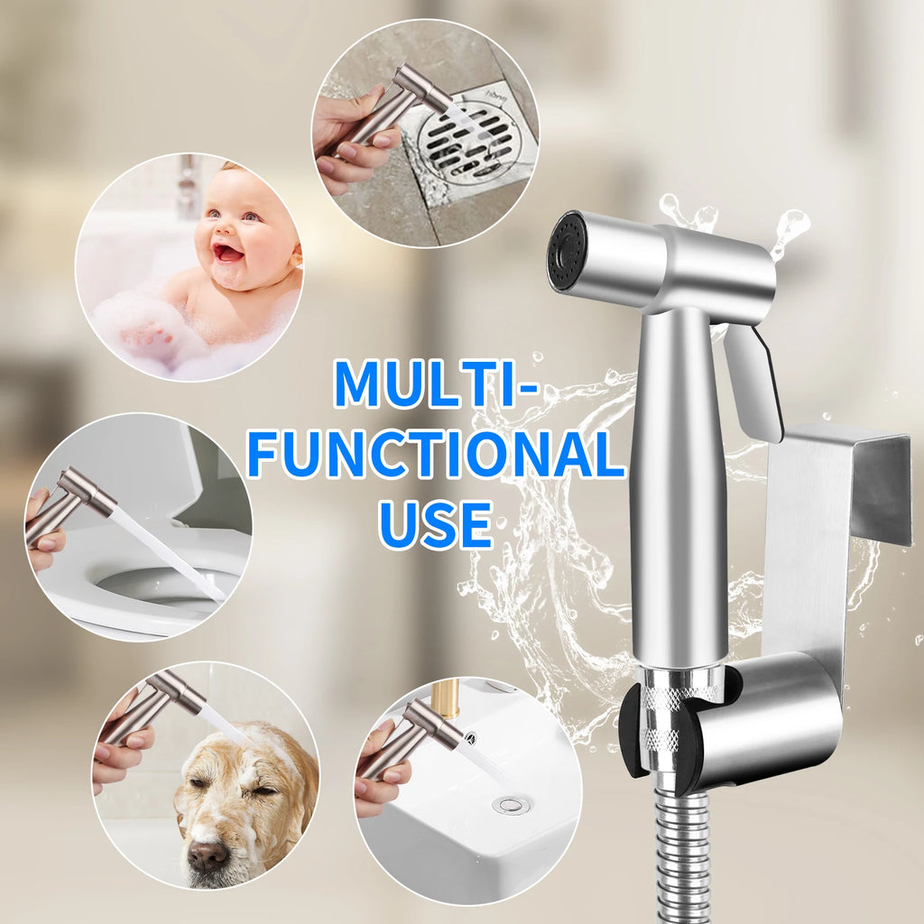 Handheld Stainless Steel Bidet Sprayer for Toilet Faucet Spray Gun Adjustable Water Pressure With Hoses for Feminine Wash US/UK