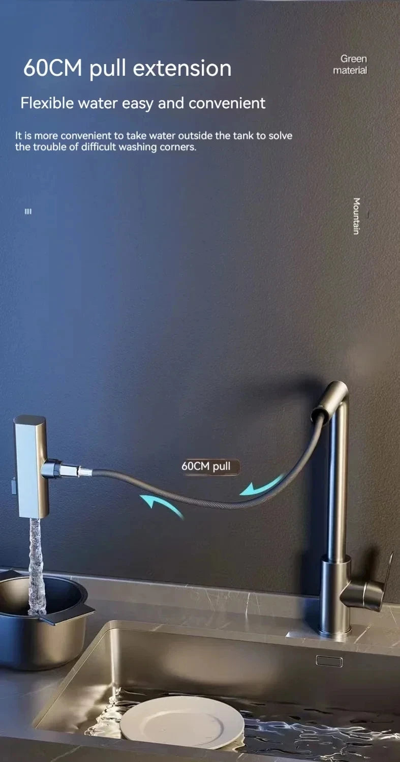 Kitchen Pull-out Flying Rain Waterfall Faucet Hot and Cold Faucet 304 Stainless Steel Single Hole Kitchen Faucet Bathroom