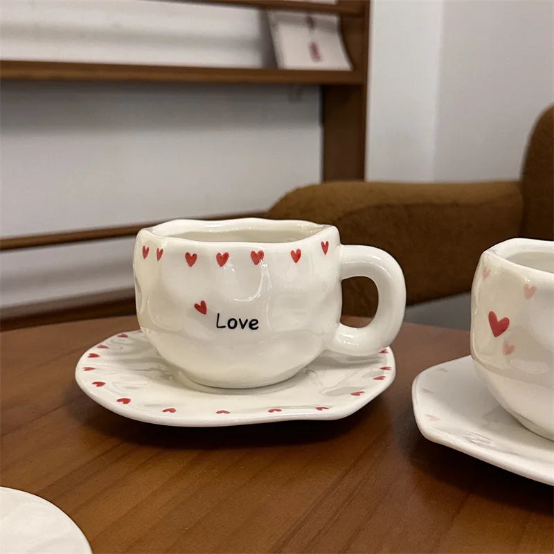 ins style retro flower ceramic cups and saucers, hand-squeezed irregular coffee cups and saucers, afternoon tea cups and saucers