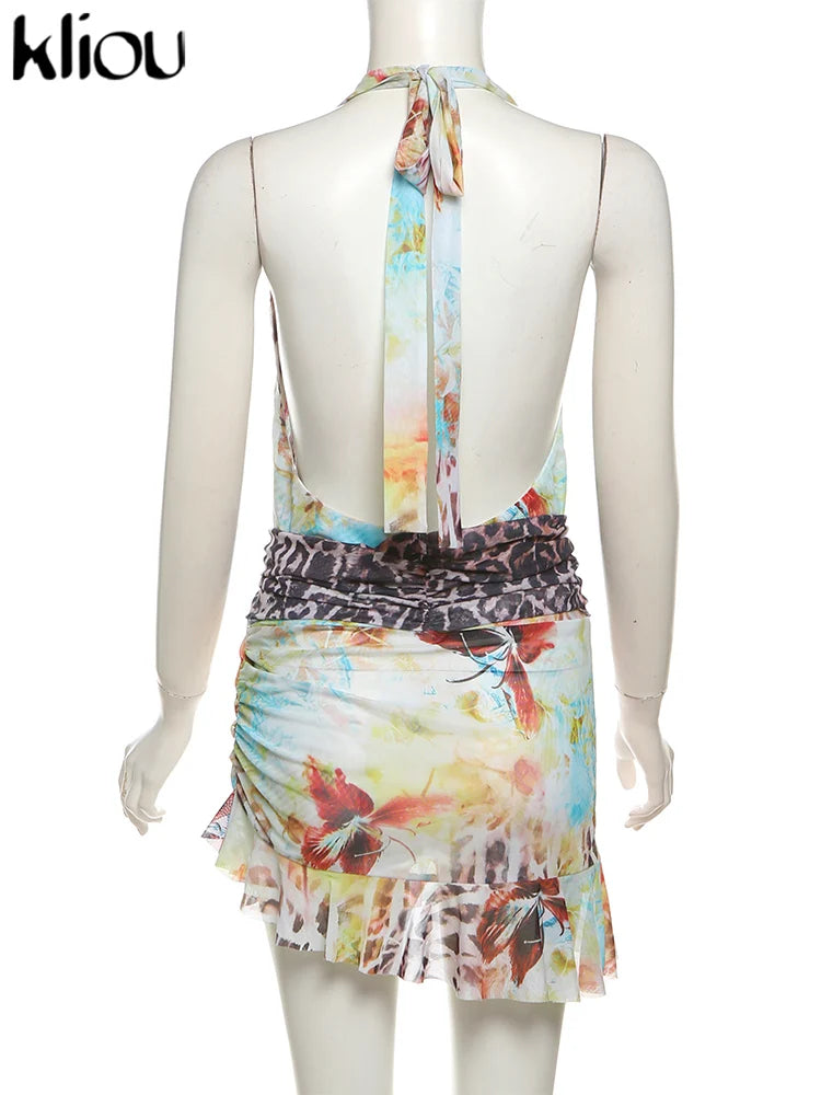 kliou Aesthetic Sexy Dresses Women Colorful Printed Midnight Clubwear Halter Low Neck Backless Ruffle Bodycon Hot Party Vestidos