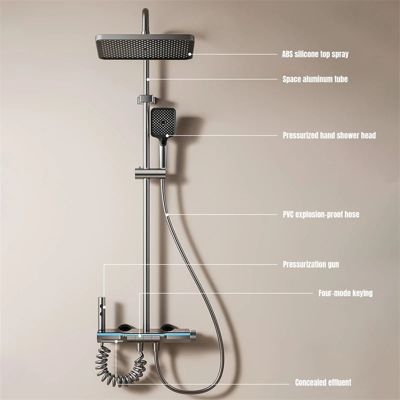 Gray Piano Keys Bathroom Shower Faucet Set Multiple Water Spray Modes Shower System With 4 types Function Digital Display