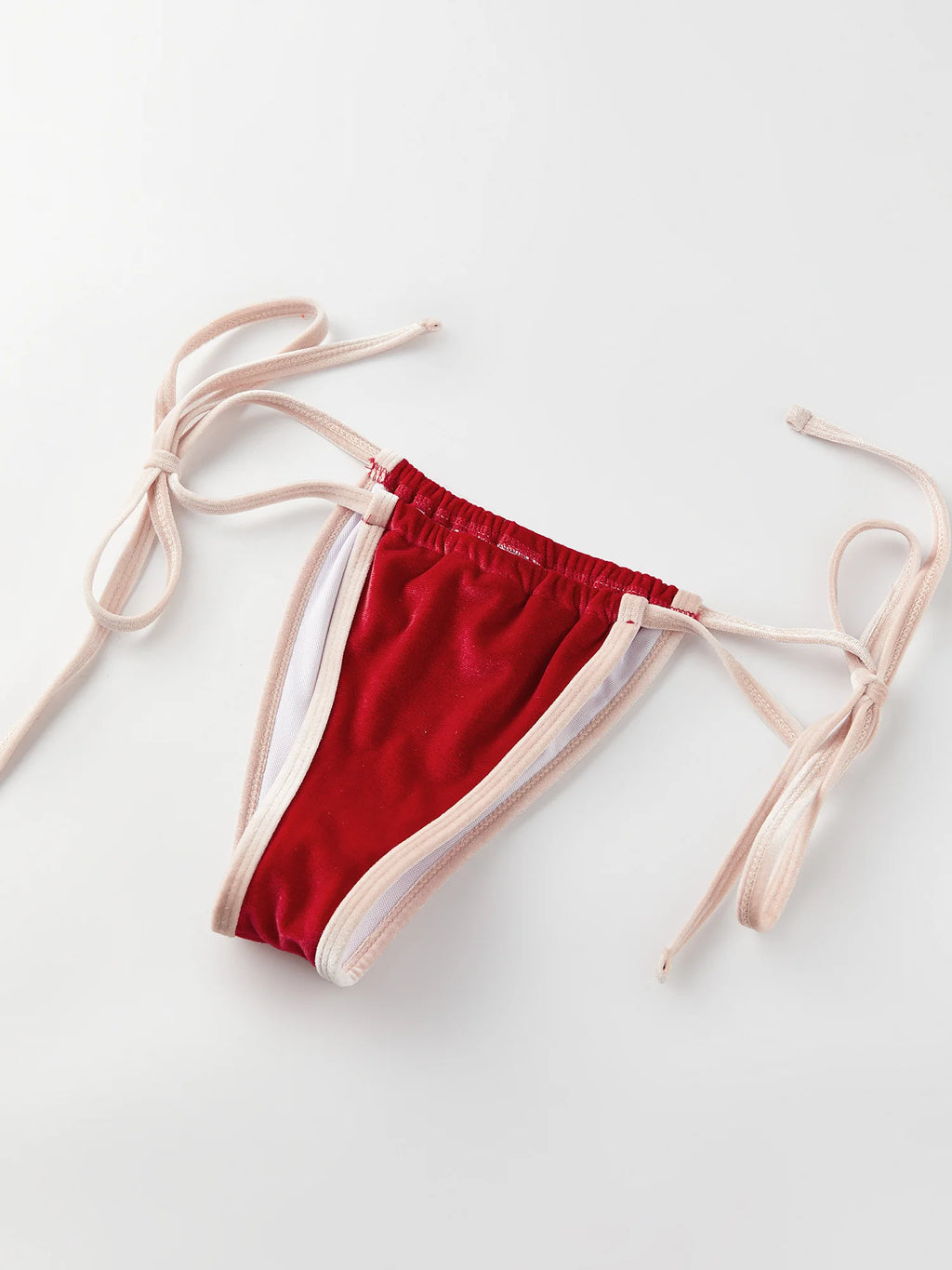Women's Summer Beach Bikini Set Burgundy Velvet Pink Contrast Trim Triangle Top Halter Neck Thong Bottom
