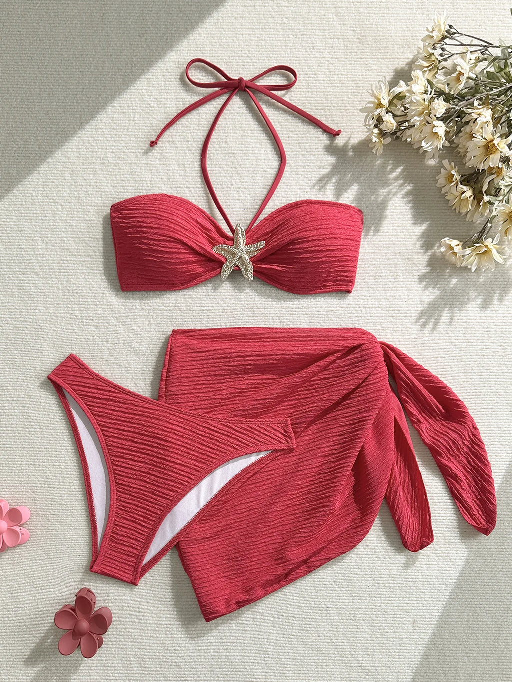 2025 New Bandeau Bikini Set Female Ribbed Swimsuit Women Swimwear 3 pieces Bikinis Bather Bathing Suit Biquini