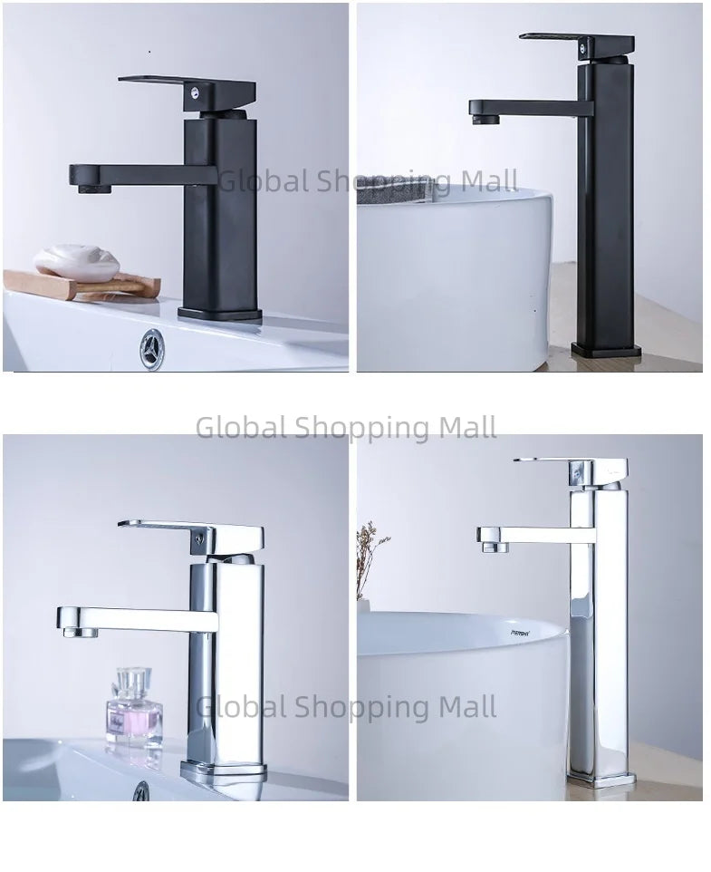 Bathroom Faucet Single Hole Single Handel Hot and Cold Water Mixer Tap Deck Mounted in Black and Chrome Square Basin TapBathroom