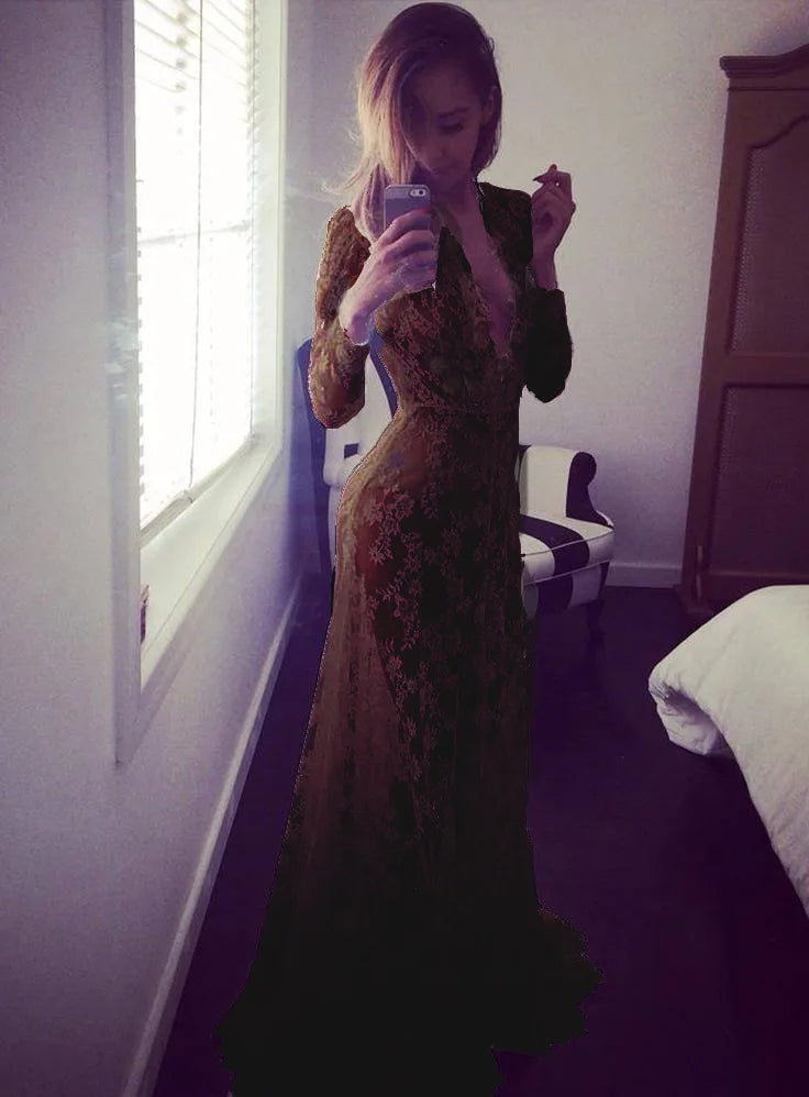European Style Sexy Deep V Lace Mesh Long Sleeve Bodycon Maxi Dress Trailing Evening Party Dress