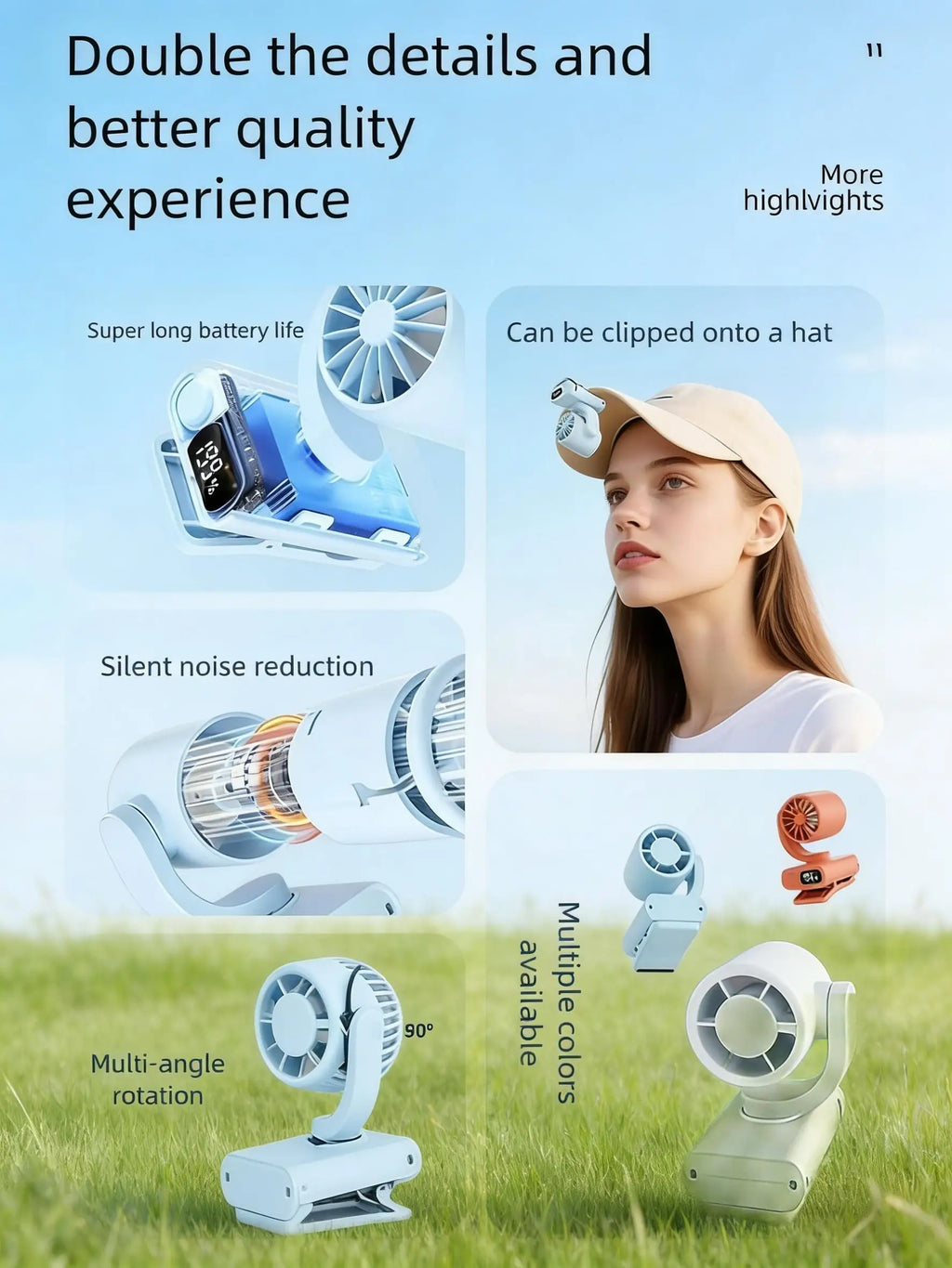 Portable rechargeable clip-on fan, rotating hanging fan with air-cooling function, suitable for outdoor and camping use. The fan