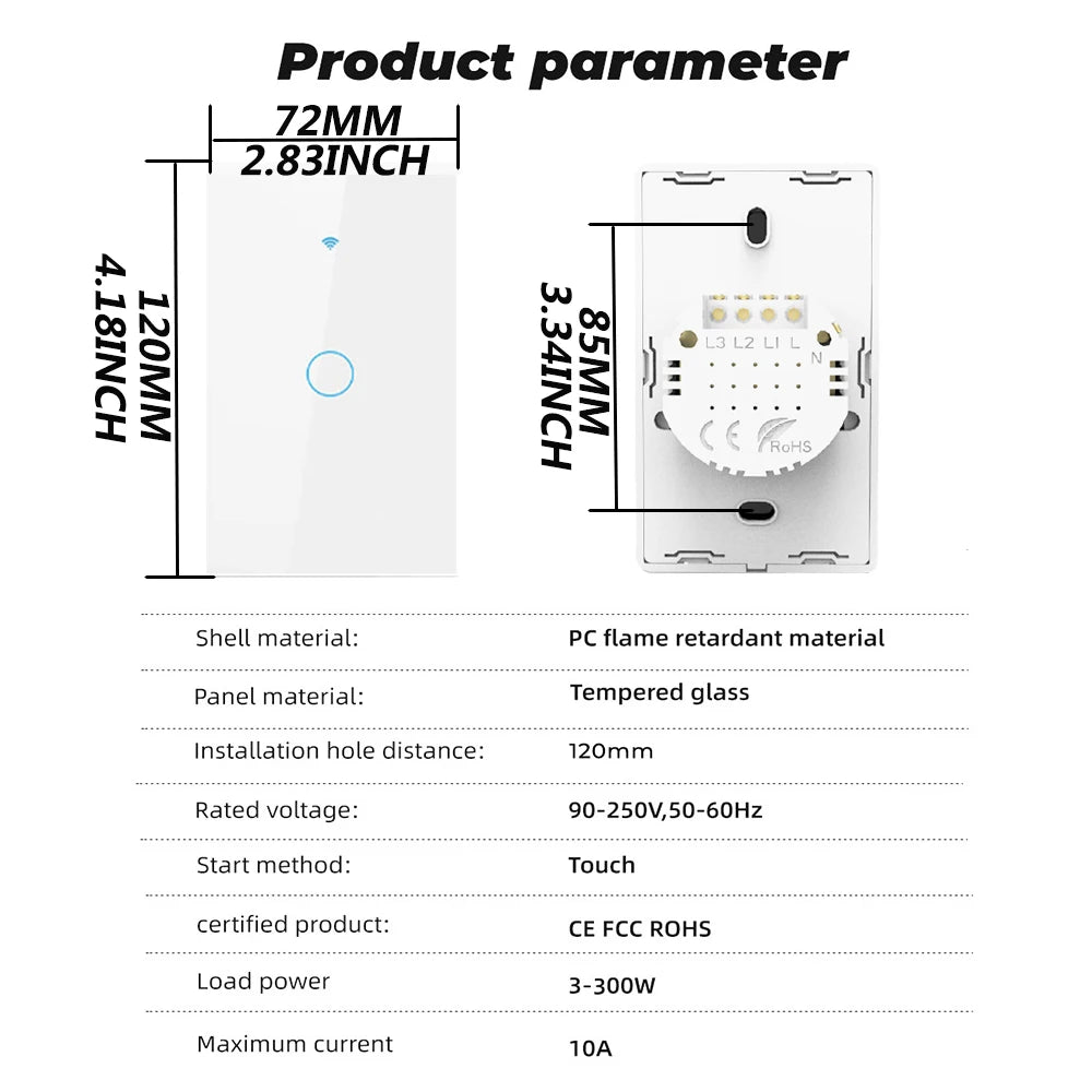 Wifi+Bluetooth Touch Light Switch No Neutral Wire &Neutral Wire US Touch Panel Wall Switches Works with Tuya Smart Life App