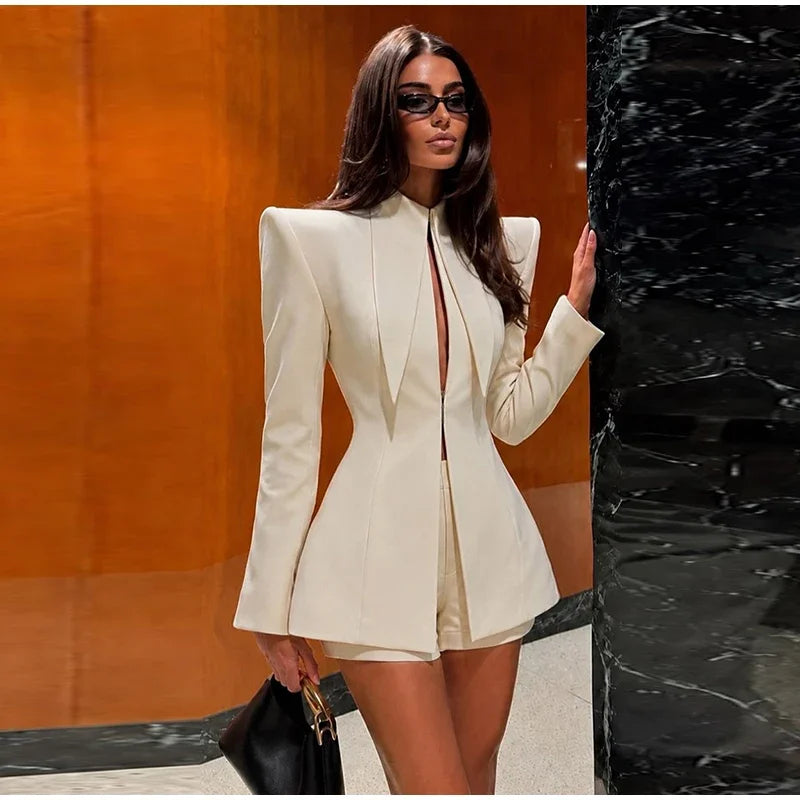 Women's Suit Shorts 2 Piece Set Long Sleeve Stand Collar Solid Coat Short Pants 2026 Summer Autumn Chic Female  Elegant Outfits
