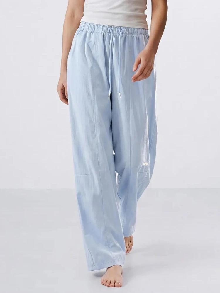 Blue Straight Pants For Women Elastic Wiast Jogger Quick-dry Sweatpants Baggy Embroidery Trousers Ladies Wide Leg Sport Pants