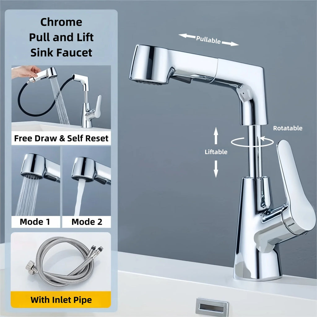 Bathroom Sink Faucet with Pull Out Sprayer Single Handle Single Hole 2 Spray Modes Bathroom Faucet Hot & Cold Water Mixer Tap
