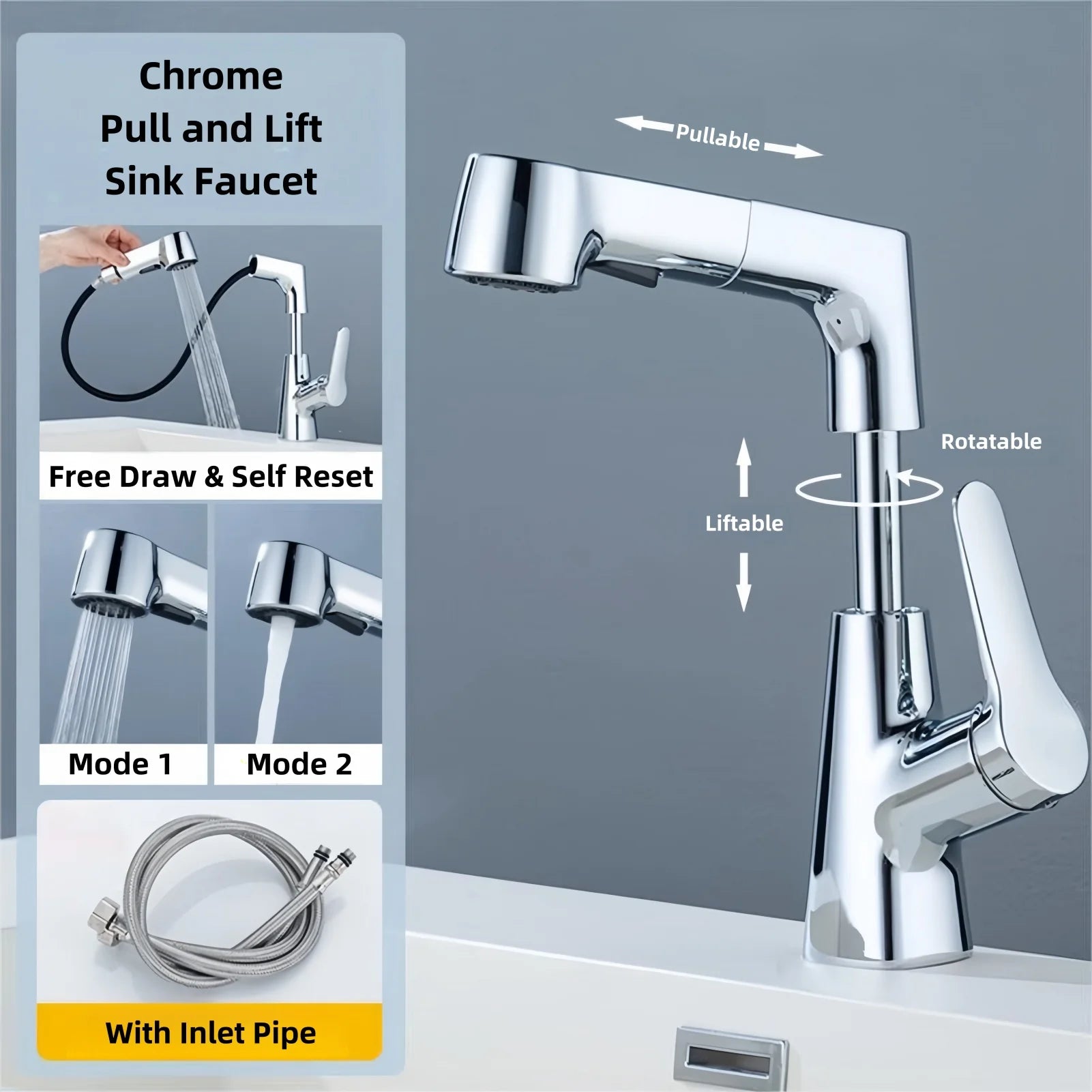 Bathroom Sink Faucet with Pull Out Sprayer Single Handle Single Hole 2 Spray Modes Bathroom Faucet Hot & Cold Water Mixer Tap