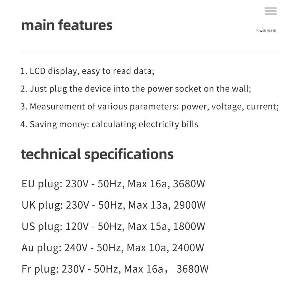 Electricity Power Meter Wattmeter LCD Energy Meter Socket Electric Tester Measuring Outlet Power Analyzer EU UK AU US FR
