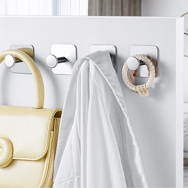 1/4pc Stainless Steel Wall Hooks Adhesive Door Key Clothes Coat Hanger Bathroom Robe Towel Hanging Holder Kitchen Organizer Hook