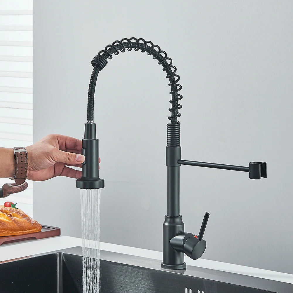 Black kitchen faucet, stainless steel mixer faucet, 360-degree rotating spray nozzle, kitchen sink, hot and cold water faucet.