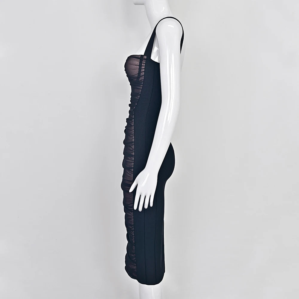 BEAUKEY Sexy Vintage Black Bandage Dress 2025 For Women Summer Draped Spaghetti Split Contrast Bodycon Dress XL Paded Vestido