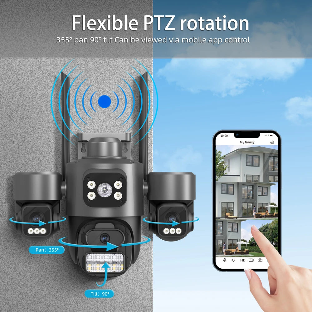Hot Sale  iCsee 3 Lens 3 Screen WiFi Camera 360° Auto Tracking  Waterproof Outdoor CCTV, WiFi Security Cam ICsee Surveillance