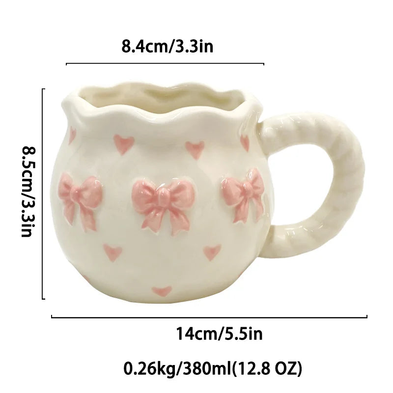 Cute Pink Relief Bow Ceramics Mug Cups Coffee Milk Drinks Ceramics Handle   Cup with Box Girls  Gift