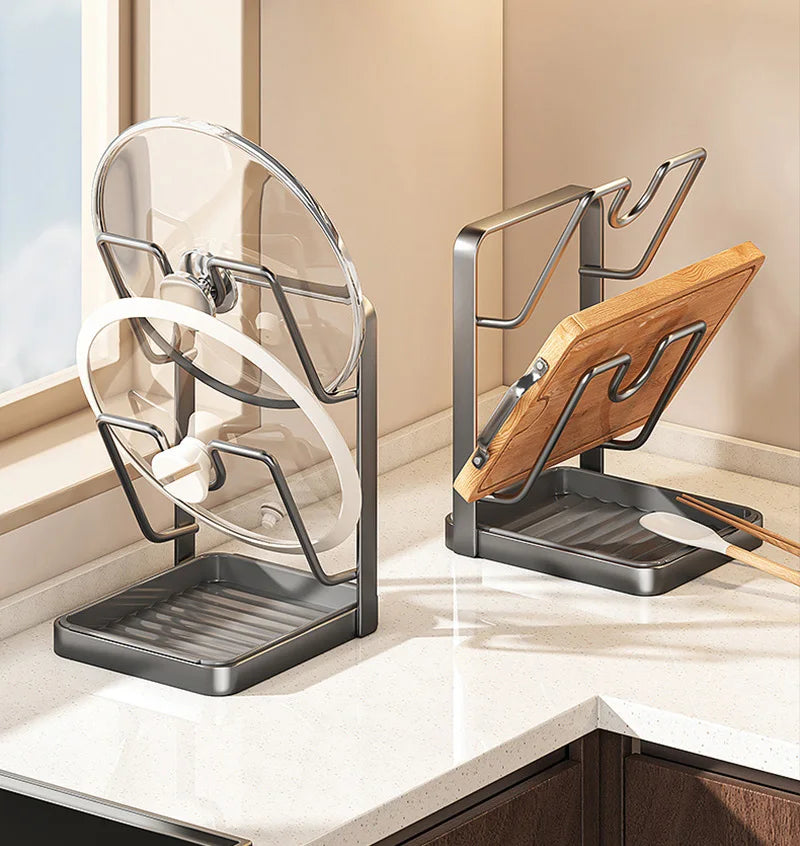 Kitchen Pot Lid Rack No Drill Pot Lid Organizer Kitchen Space Saving Countertop Organizer Rack with Drainage Tray Easy to Clean
