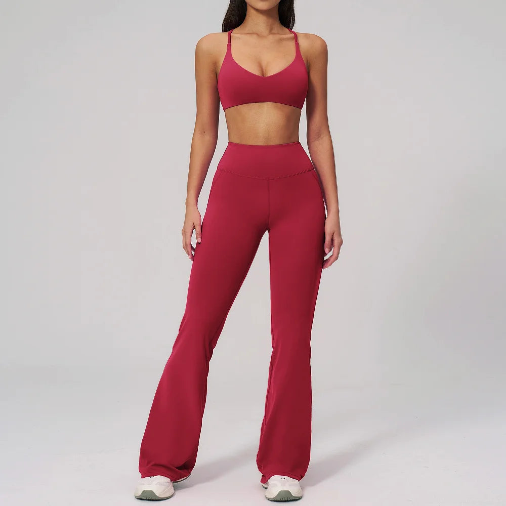 2PCS Flared Pants Yoga Set Women's Tracksuits Gym Fitness Outfits Sports Sets Female Shockproof Sports Bra Yoga Workout Clothes