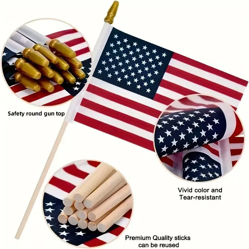 10pc USA Stick Flag, American US 14x21cm HandHeld Mini Flag ensign 30cm Pole United States Hand Held Stick Flags banner In Stock