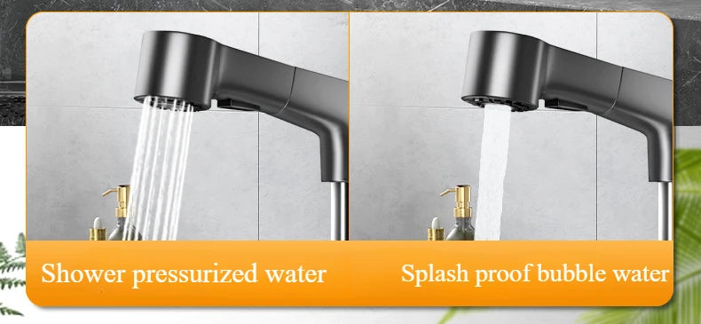 Basin Faucet Bathroom Pull Out Lift Mixer Tap Hot & Cold Water 360° Lift Up and Down Bathroom Sink Faucet