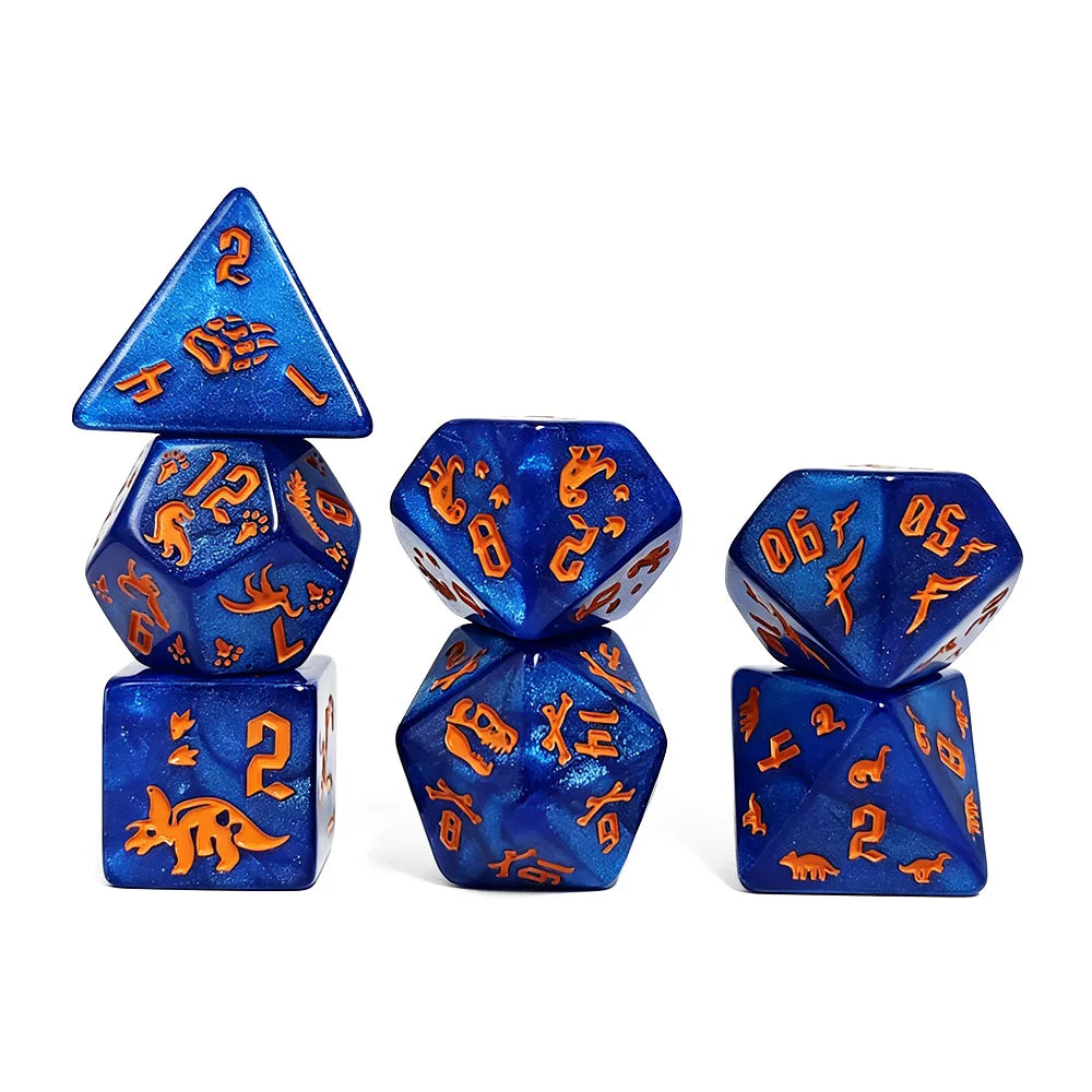 7Pcs Jurassic Ocean Blue Dinosaur Engraved Dice Set, Polyhedral Acrylic DND Dice for TTRPG RPG Board Games & Role Playing