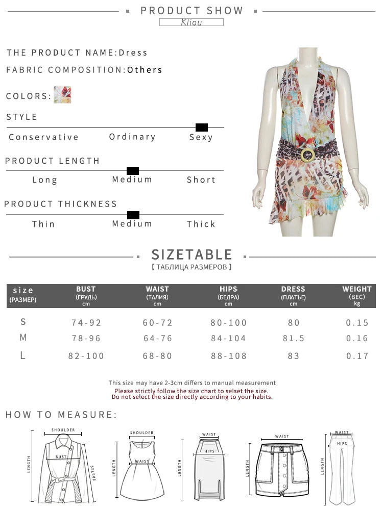 kliou Aesthetic Sexy Dresses Women Colorful Printed Midnight Clubwear Halter Low Neck Backless Ruffle Bodycon Hot Party Vestidos