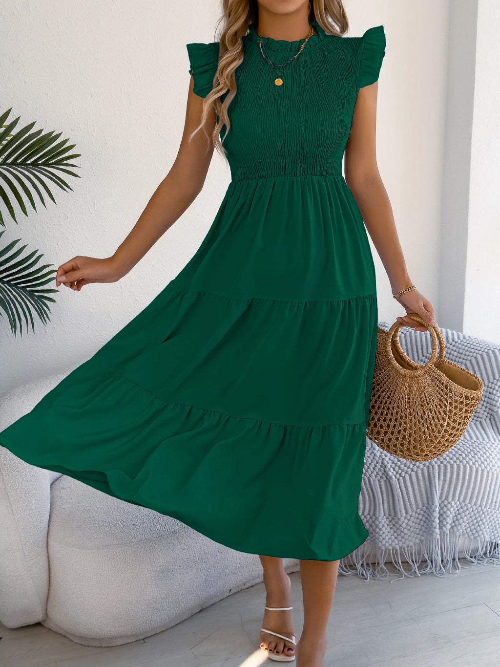 Spring Summer Elegant Ruffled Dresses for Women 2026 Casual Vacation Solid Color Round Neck Sleeveless Long Dress Blue Green
