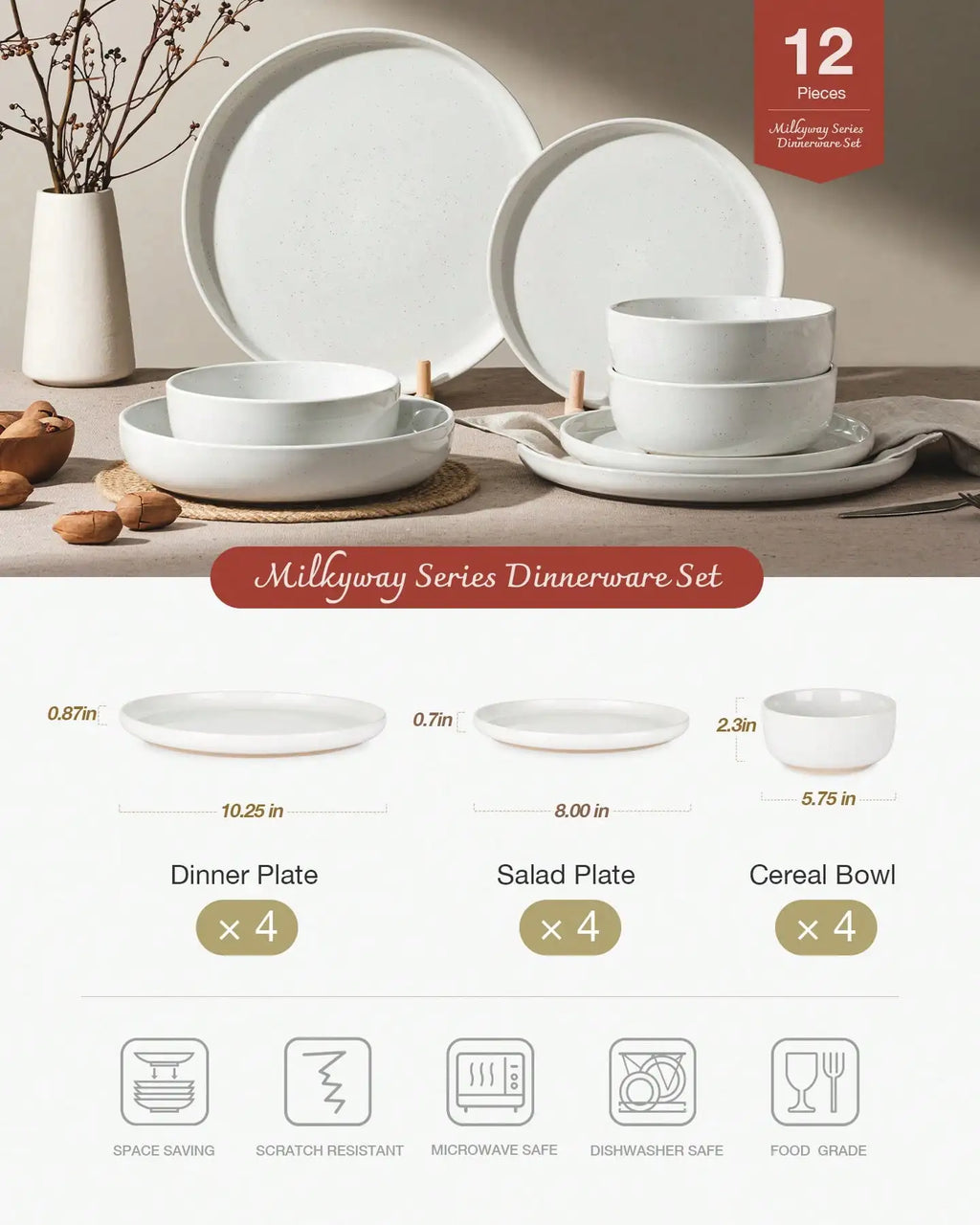 Dinnerware Sets Nordic Modern Dishes Set For 4 Off White Speckled Glazed Ceramic Stoneware 12 Pieces Plates And Bowls Set Microwave Safe For Home Kitchen Dining Housewarming Thanksgiving Christmas Gift