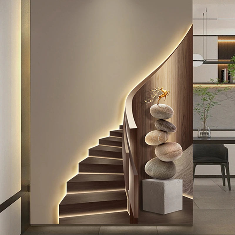 Modern light luxury entrance foyer light painting, stairway-shaped mural, spatial extension effect hanging painting, LED ambient