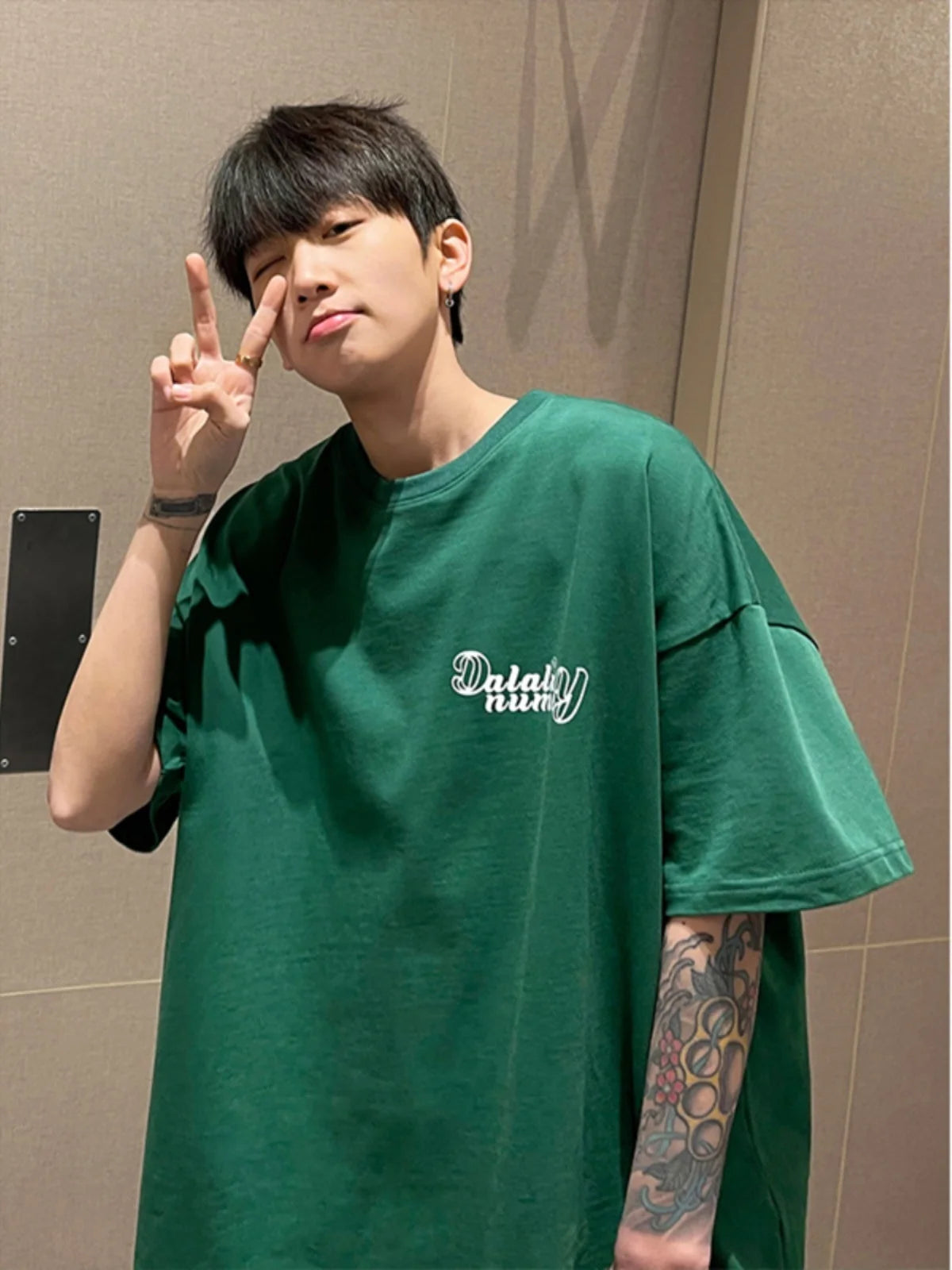 Forest Green Heavyweight Cotton American Style Men's T-shirt Short Sleeve Vibe High Street Seven Sleeve Summer T-shirt