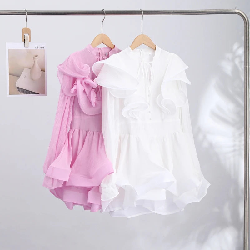 Elegant Floral Print Chiffon Dress Women's Backless Long Sleeve Ruffle Waist Cutout Tiered Dresses 2026 New Lady Party Wear