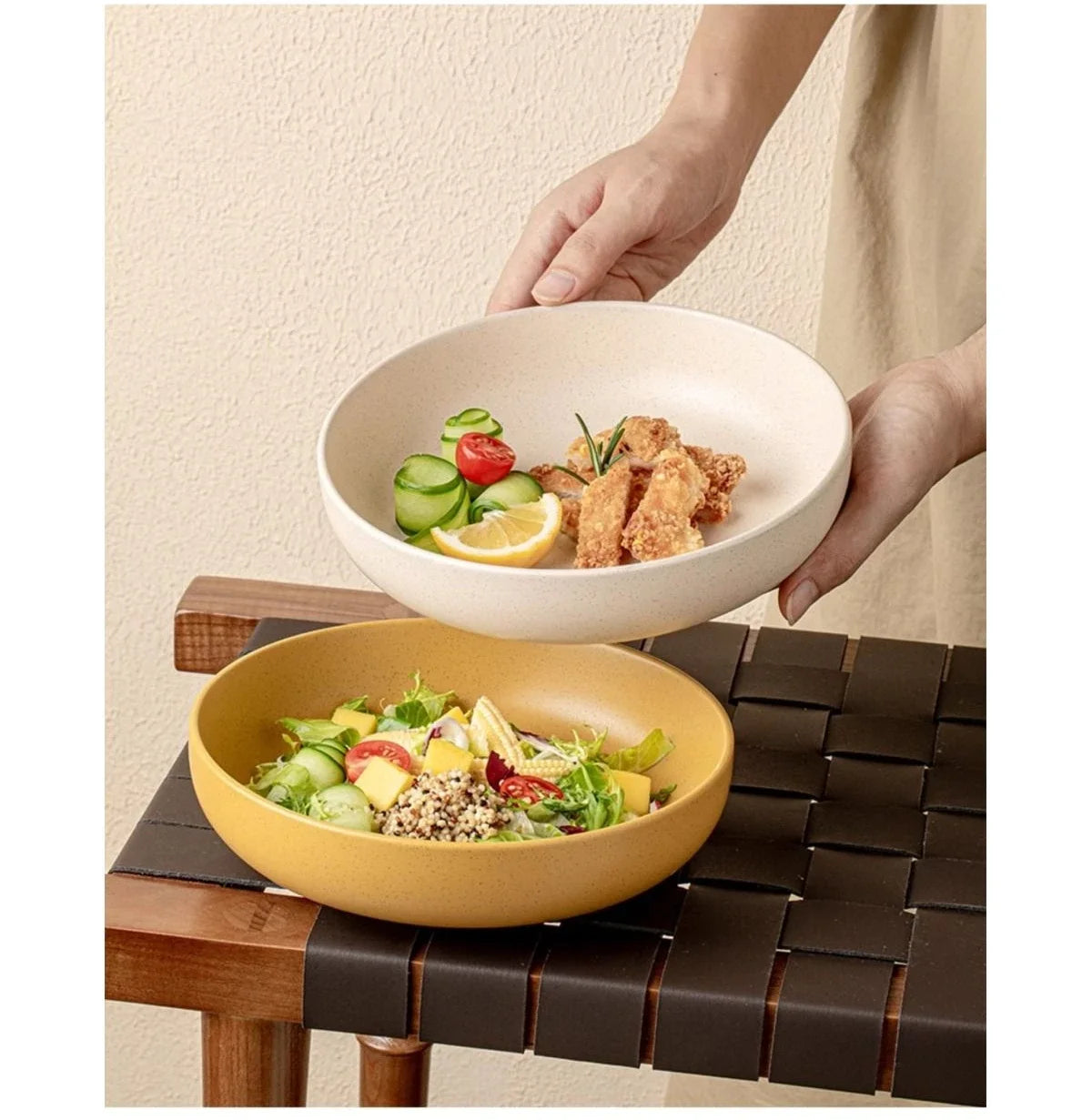 8 inches Porcelain Round Deep Bowl,Kitchen Tableware,Large Soup Salad Bowls,Dinner Plate,Microwave,Dishwasher,Safe,Dinnerware