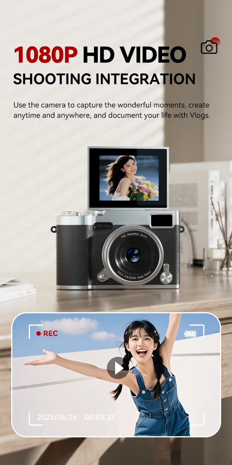 4K Flip Screen CCD Digital Camera 16X Zoom 1080P HD Vlogging Camera Travel Portable Digital Camera with Autofocus Beauty Filter