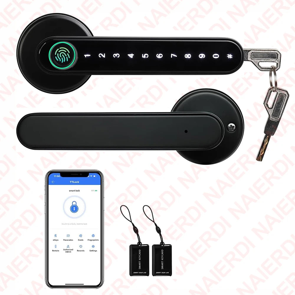NAIERDI Smart Fingerprint Door Lock Tuya APP Bluetooth Keypad Card Entry Door Lock with Handle for Home Apartment Bedroom