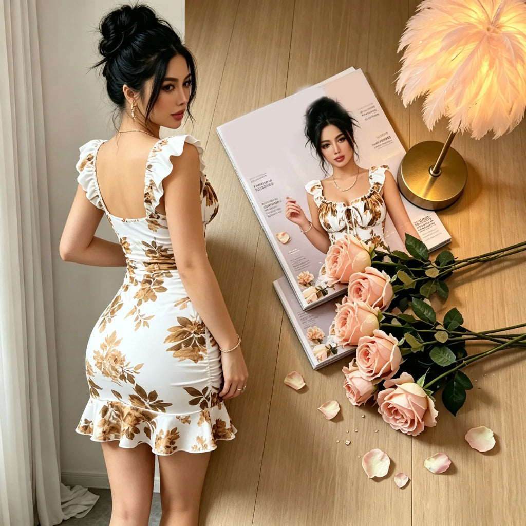 Bohemian Sleeveless Ruched Floral/Plant Print Mini Dress for Women, Multi-Color Ruffle Hem Spaghetti Strap Knit Fabric