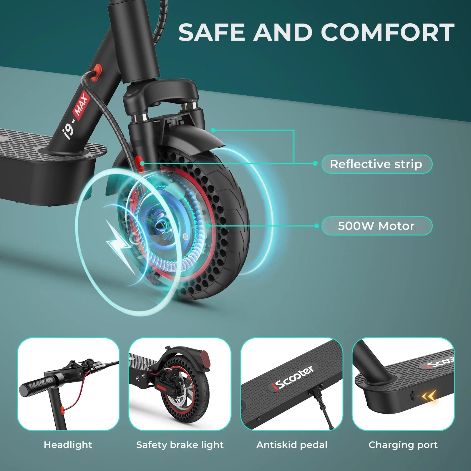 ISCOOTER I9MAX Adult E-Scooter 500W Motor E-Scooter 36V10AH Battery E Scooter 10 Inch Solid Tires Electric Scooter