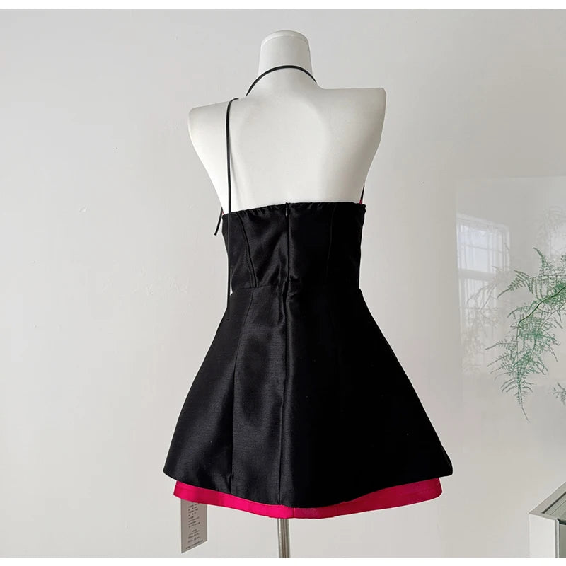 Women's Sweet Slash Neck Sleeveless Slim Waist Short Mini Dress French Retro 3D Rose Birthday Dress Spicy Girl Floral Bud Dress