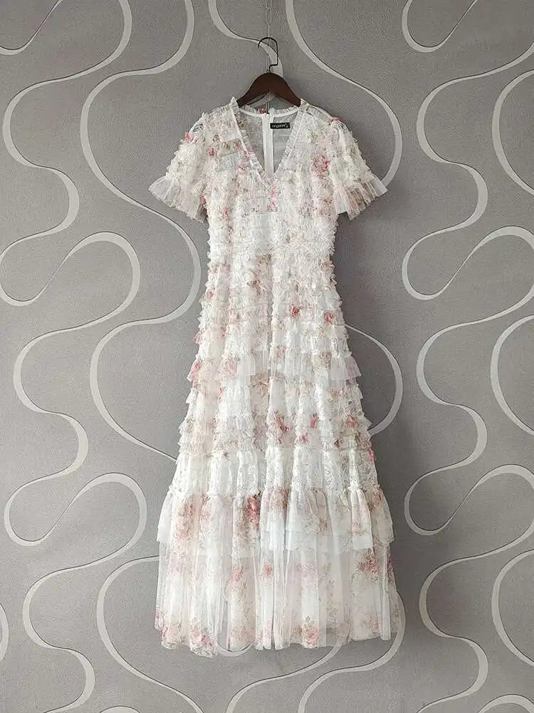 Eshin Elegant Midi Dress Short Sleeve Summer Spring New Fashion Design Women Runway Mesh Ruffles V-Neck Party High Street TH6731