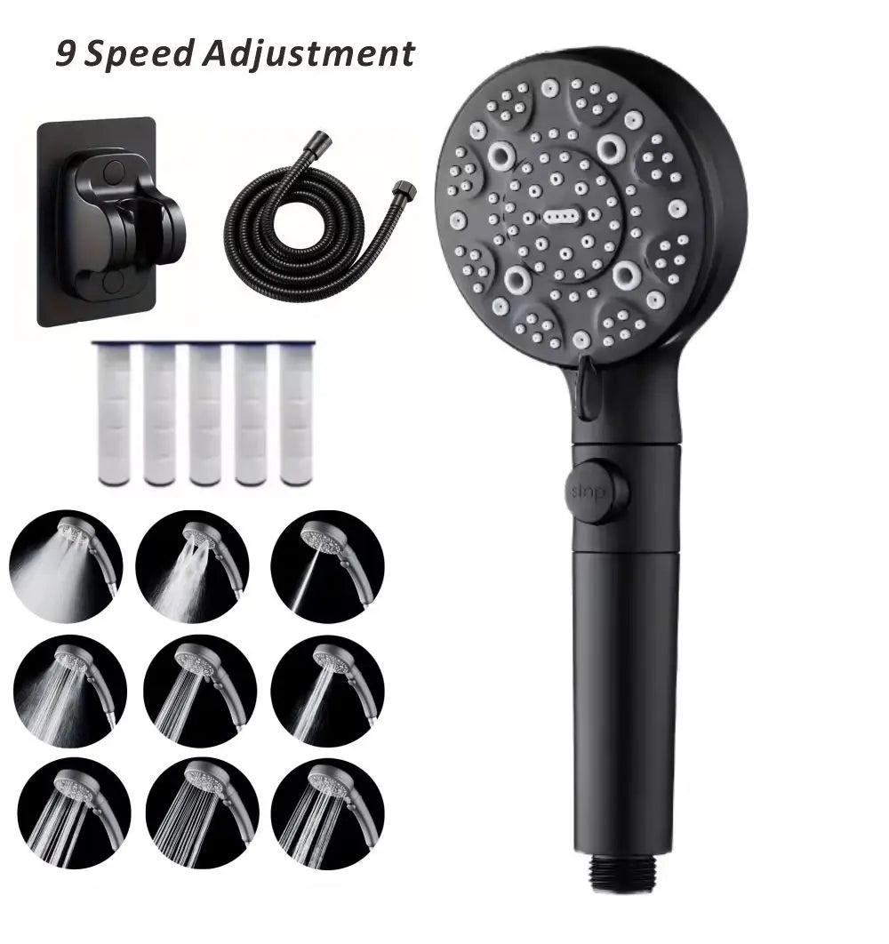 Filter 9 Modes Adjustable Shower High Pressure Shower Head with Hose Water Saving One-Key Stop Spray Nozzle Bathroom Accessories