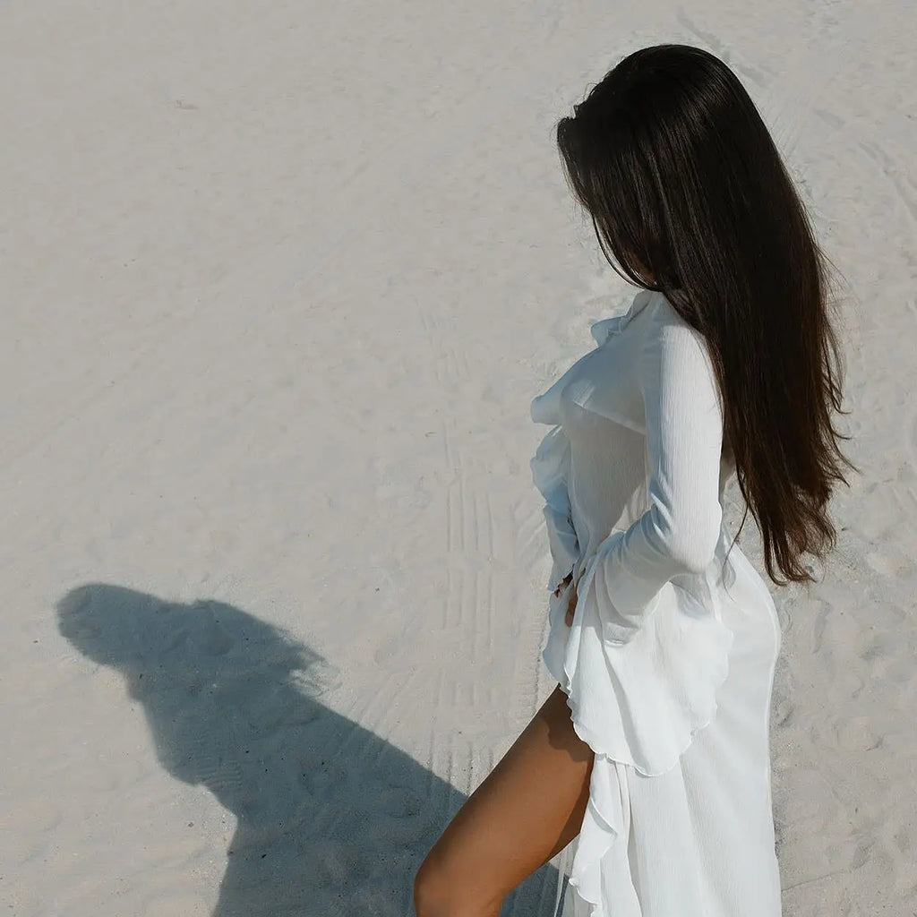 New Chiffon Tunic Beach Cover Up Cover-ups Dress Sunscreen Beachwear Womens Clothing Sexy V Neck Ruffled Long Sleeve Black White