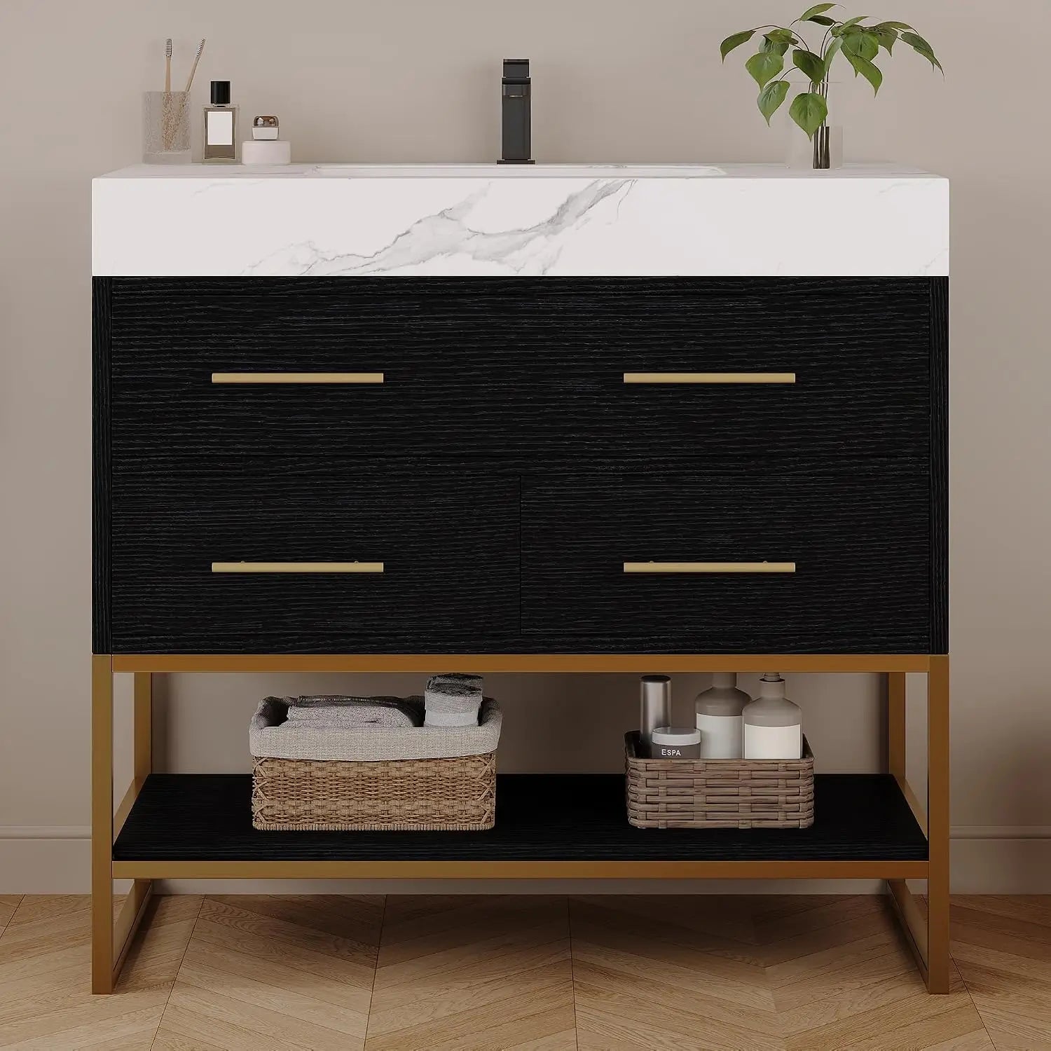 36" Bathroom Vanity with Sintered Stone Countertop – 1 Flip-Up Drawer + 2 Soft-Close Drawers + Open Shelf, Multi-Layer, Custom