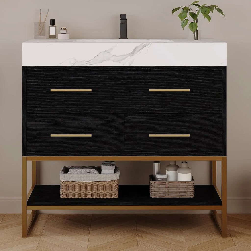 36" Bathroom Vanity with Sintered Stone Countertop – 1 Flip-Up Drawer + 2 Soft-Close Drawers + Open Shelf, Multi-Layer, Custom