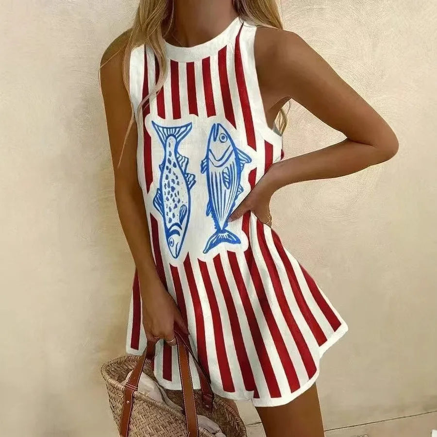 Fashionable Printed Shirt Skirt Sexy Sleeveless Spring Summer New Item Round Neck Women's Sports Shirt Casual Loose Dress