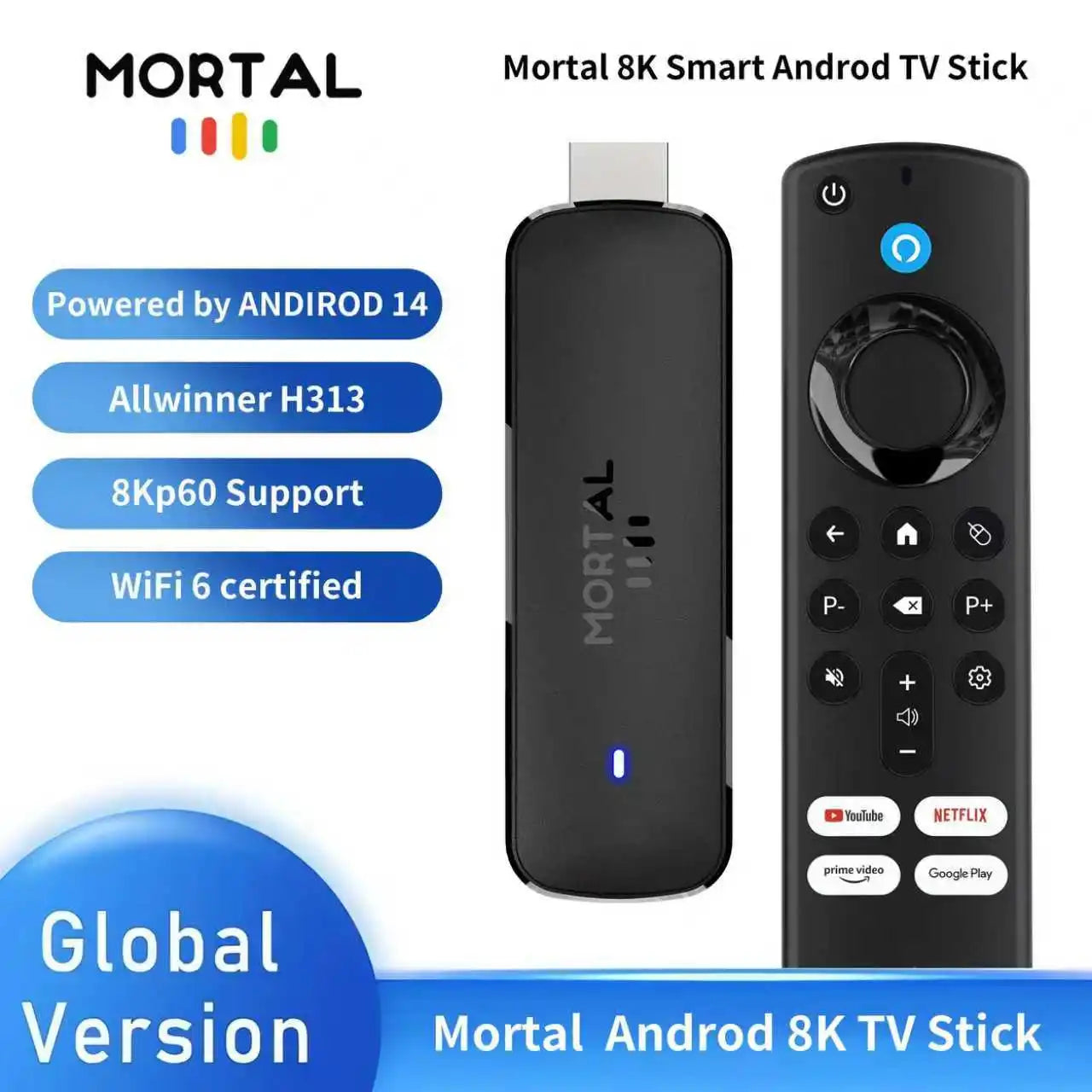 Mortal Android14 TV Stick WIFI6 Voice Control TV Stick Q8 8K Video Allwinner H313 Netflix YouTube TV Box Free Live TV Streaming