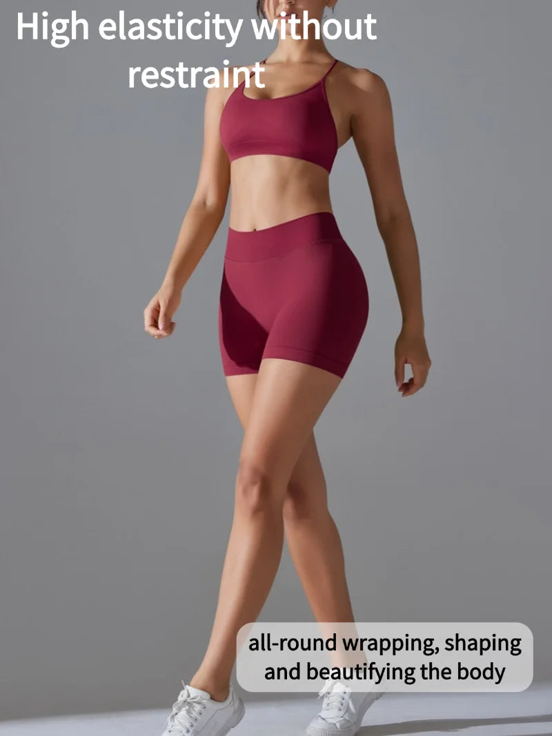 Women's Seamless Solid Color Cross Back High Elasticity Tight and Sexy Sports Bra Yoga Suit Set, Running and Fitness Two Pieces